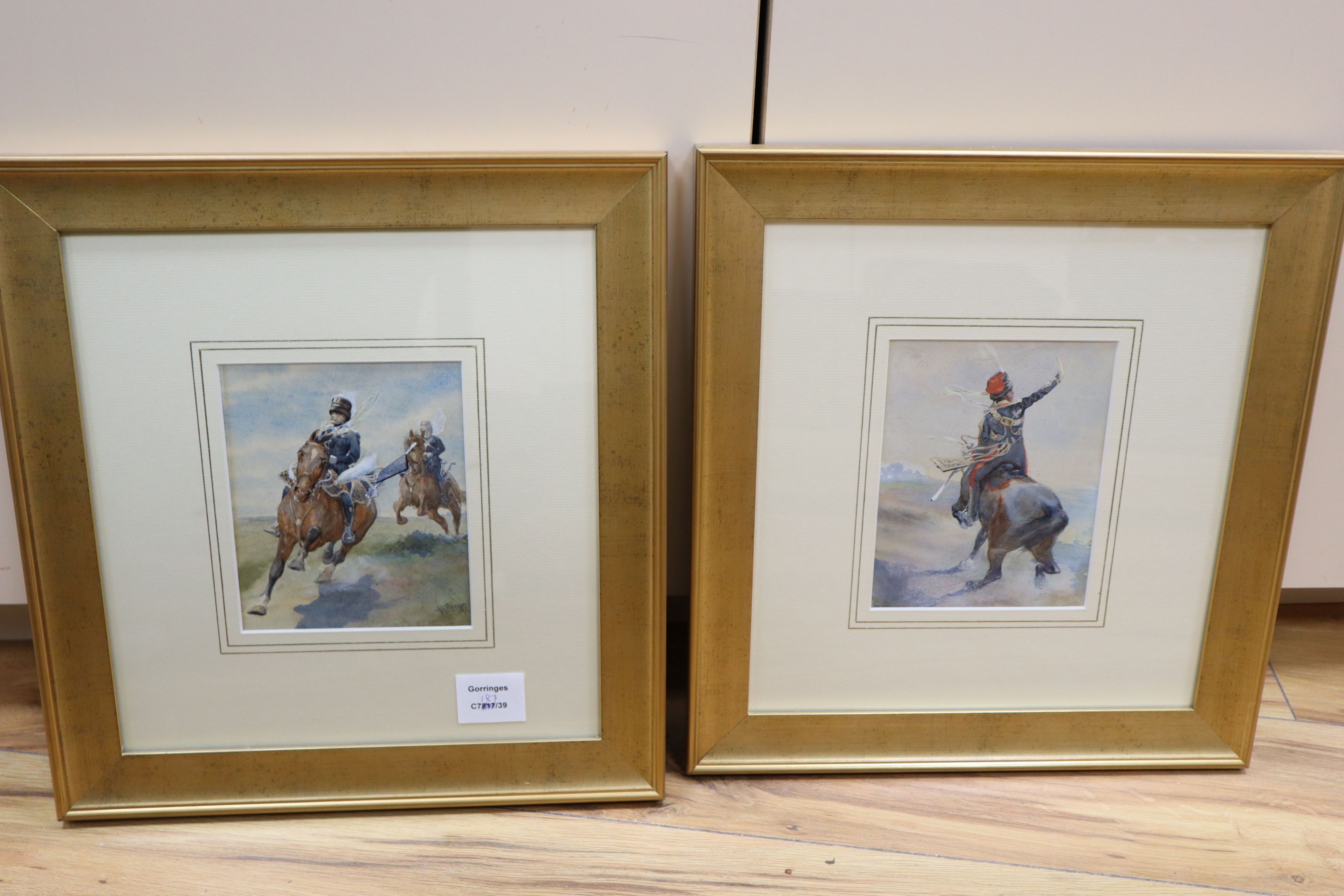 George Clark (1832-1894), pair watercolours, Hussars on horseback, signed